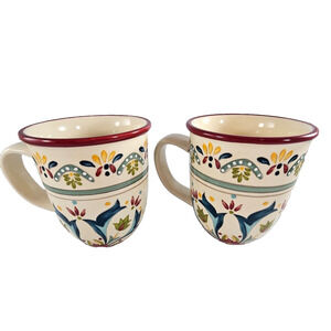 Bobby Flay Sevilla Retired Coffee Mugs Set of 2 Tea Coffee 12 Oz Floral Red Rim
